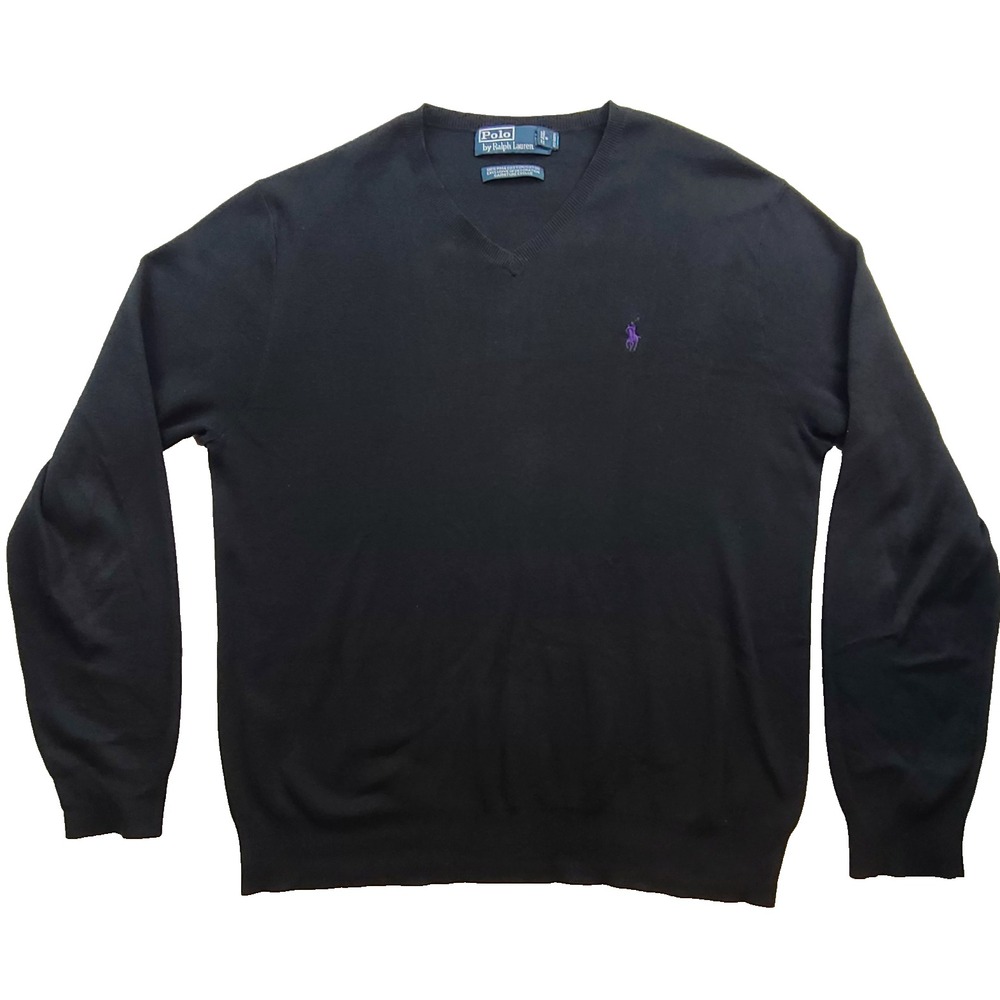 Polo Ralph Lauren Sweater Men Large Black Pima Cotton VNeck Pullover Purple Pony